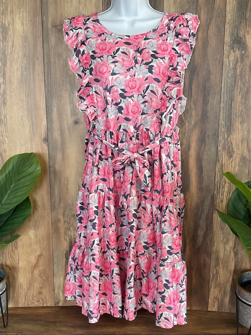 Pete & Lucy Floral Pink Midi Dress with Waist Tie and Ruffle Sleeves S     C239
